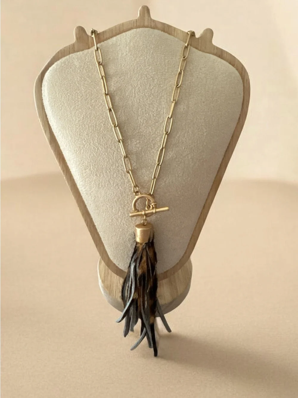 Gold Chain Necklace with Brown Leather Tassel Pendant - Unbranded